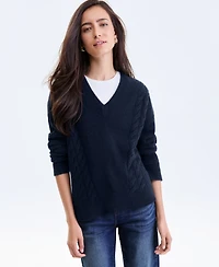 Charter Club Women's 100% Cashmere Placed Cable-Knit V-Neck Sweater, Macy's Exclusive