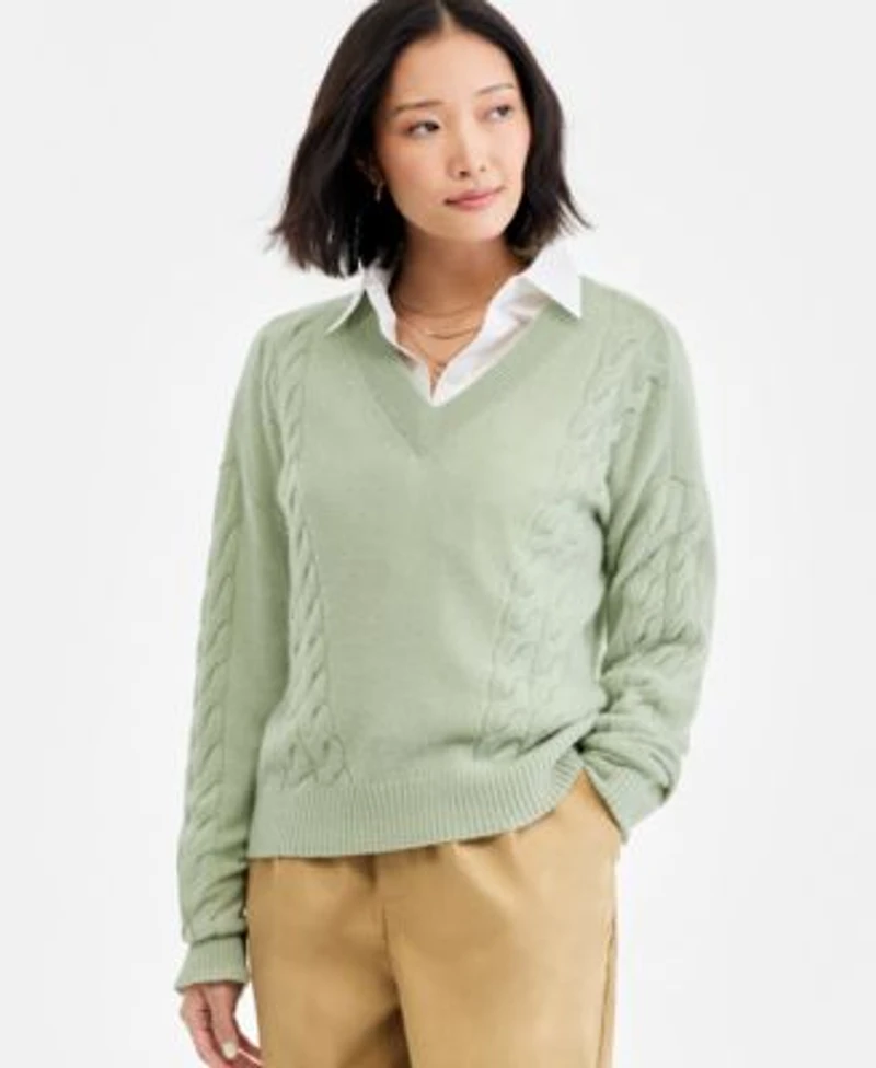 Charter Club Womens 100 Cashmere Placed Cable Knit V Neck Sweater Pxs 3x Macys Exclusive