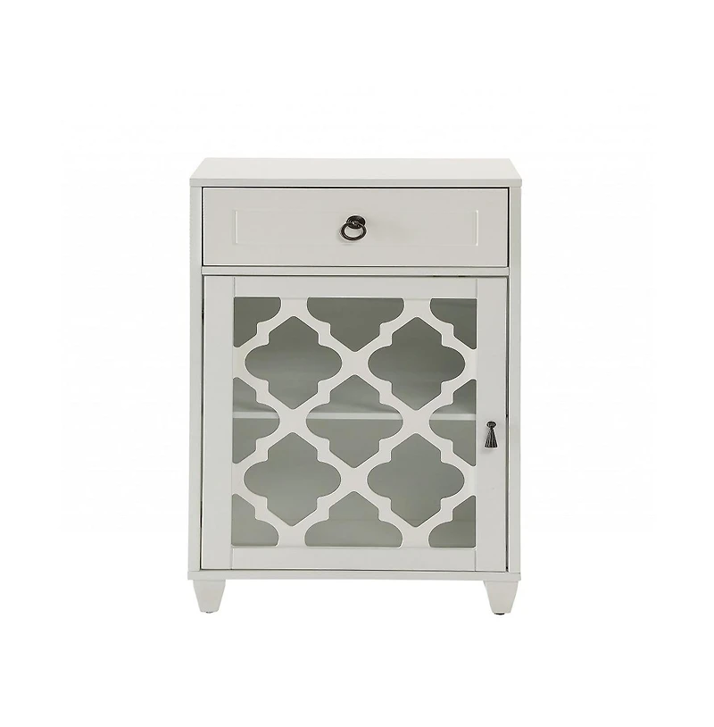 Fret Work Glass Door Cabinet with Decorative Accents and Storage