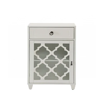 Fret Work Glass Door Cabinet with Decorative Accents and Storage