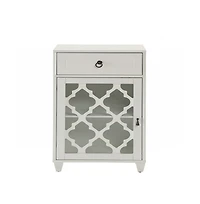 Fret Work Glass Door Cabinet with Decorative Accents and Storage