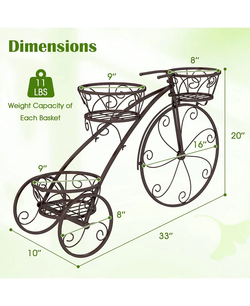 Tricycle Plant Stand Flower Pot Cart Holder with 3 Hollowed Baskets