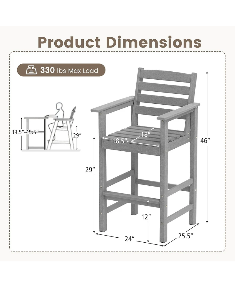 Patio Hdpe Adirondack Bar Chairs Set of 2 with Wide Armrests