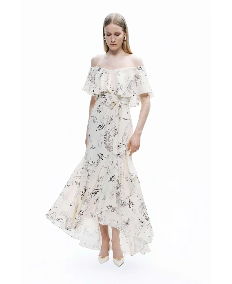 Nocturne Women's Patterned Midi Dress with Sash Tie