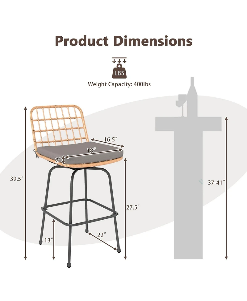 Patio Swivel Barstools Set of 2 with Soft Seat Cushions