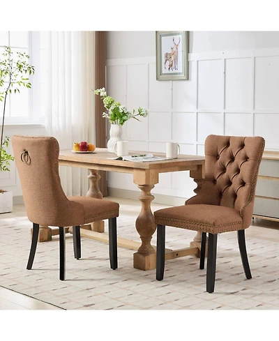 Streamdale Nikki Tufted Upholstered Linen Dining Chair with Nailhead Trim, 2-Piece Set in Coffee