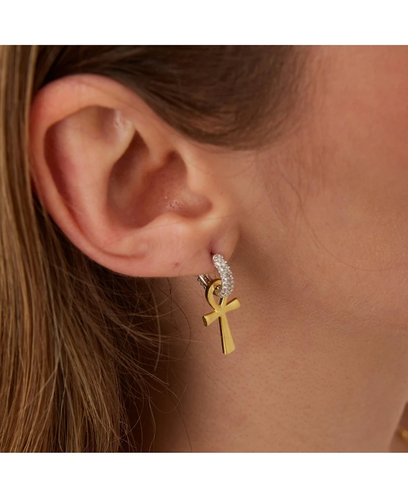 Spero London Sterling Silver Egyptian Ankh Zirconia Hoop Earring - Silver