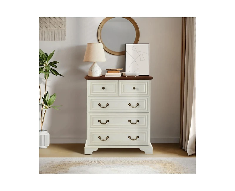 Modern White 5 Drawer Dresser Bathrooom Cabinet Ample Storage Wide Chest of Drawers