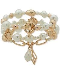 Anne Klein Gold-Tone Imitation Pearl Shell-Motif Triple-Row Stretch Bracelet
