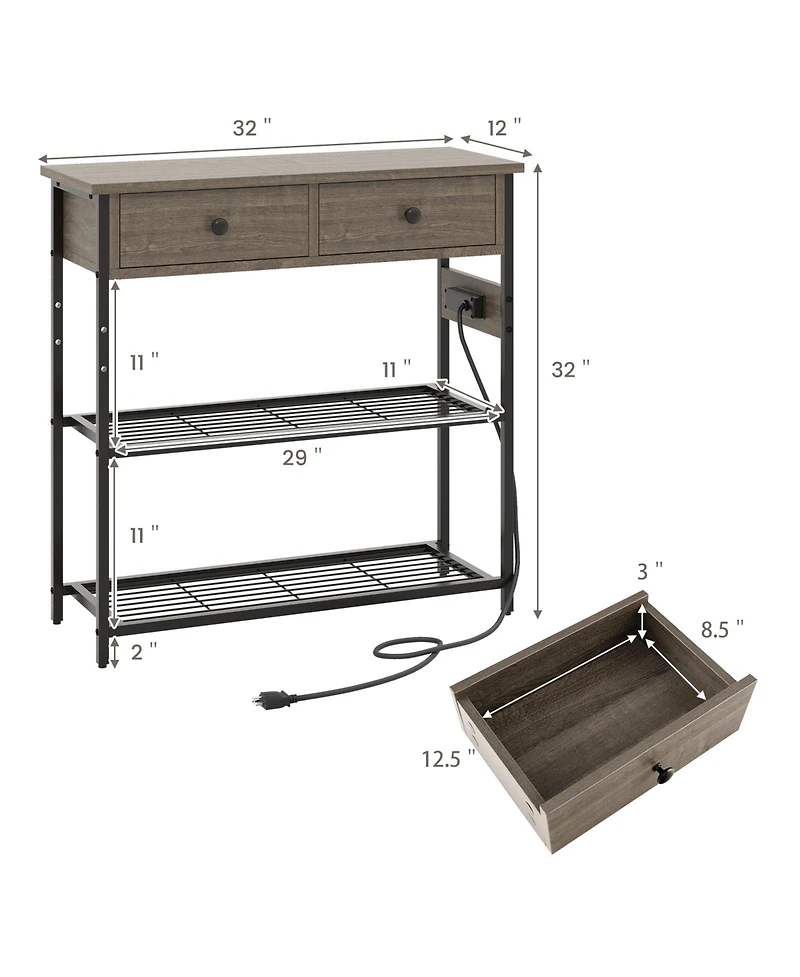 Narrow Console Table with 2 Drawers and 2 Metal Mesh Shelves