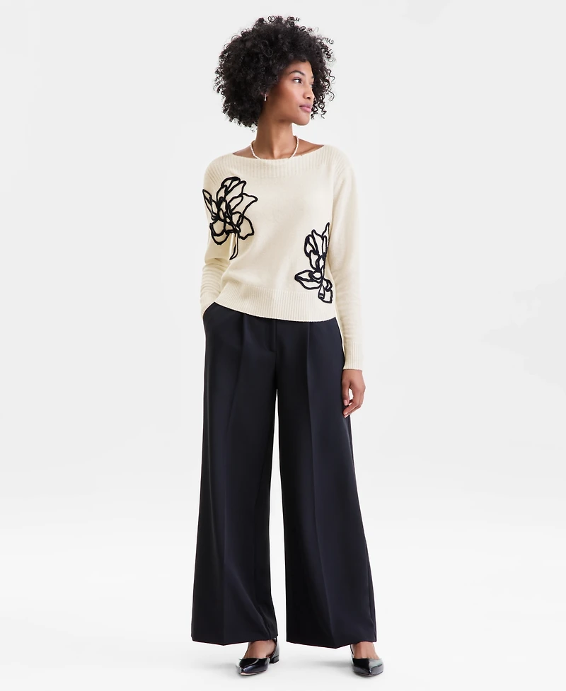 Charter Club Women's 100% Cashmere Boatneck Embroidered Floral Sweater, Macy's Exclusive