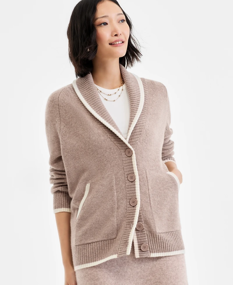 Charter Club Women's 100% Cashmere Tipped Shawl-Collar Boyfriend Cardigan, Macy's Exclusive