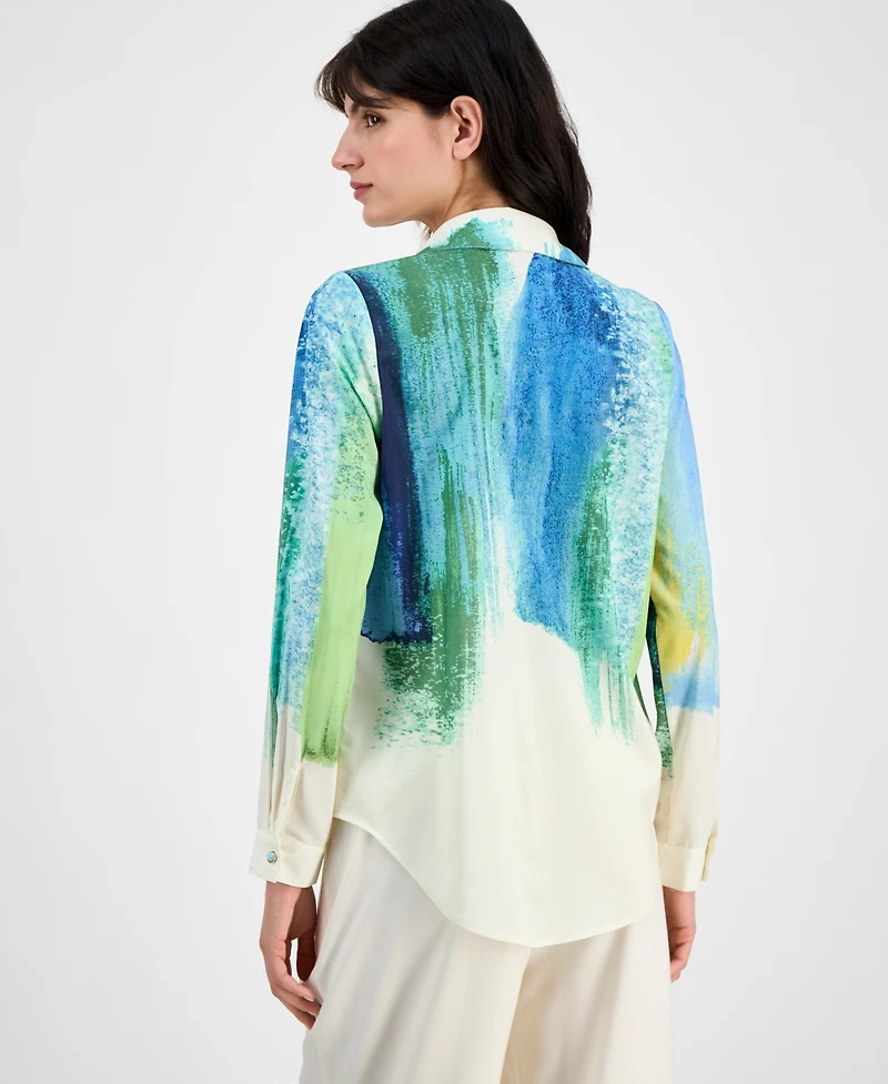 T Tahari Women's Watercolor-Print Long-Sleeve Blouse