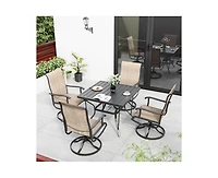 Outdoor 5-Piece Metal Patio Dining Set with and 4 Textilene Swivel Chairs Square Table Beige