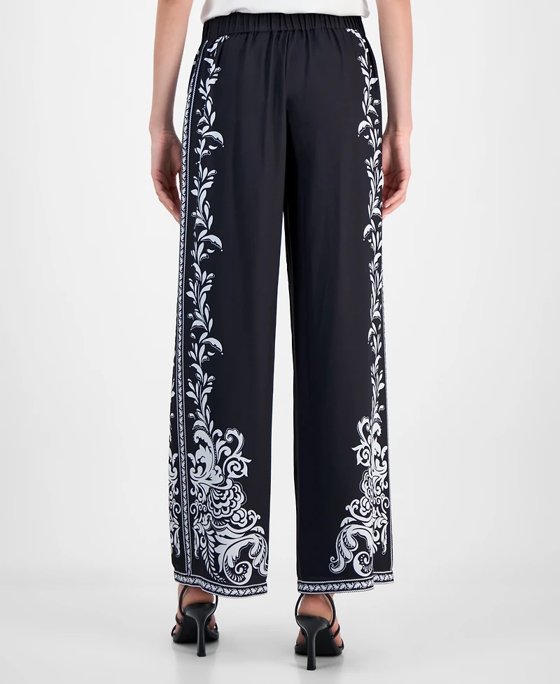 T Tahari Women's Wide-Leg Leaf-Print Straight-Leg Pants