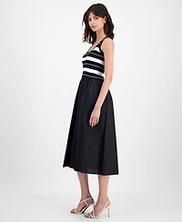 T Tahari Women's Striped-Bodice Mixed-Media Midi Dress