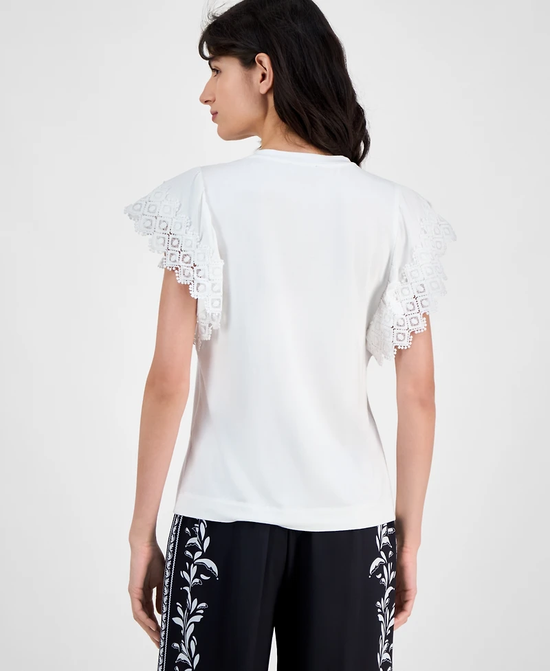 T Tahari Women's Lace-Trim Cap-Sleeve T-Shirt