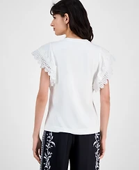 T Tahari Women's Lace-Trim Cap-Sleeve T-Shirt