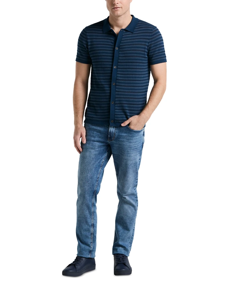 Perry Ellis Men's Jacquard Multicolor Short Sleeve Striped Button-Front Sweater