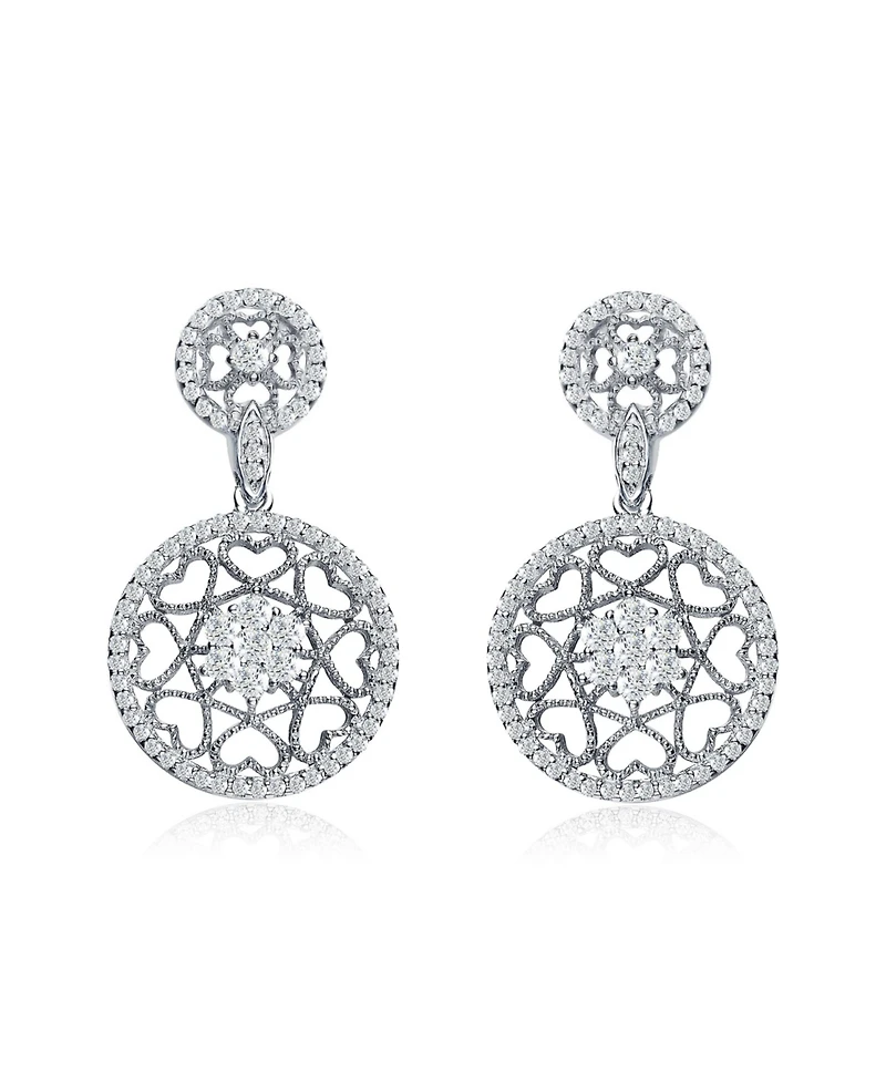 Sterling Silver White Gold Plating with Clear Cubic Zirconia Round Heart Design Earrings