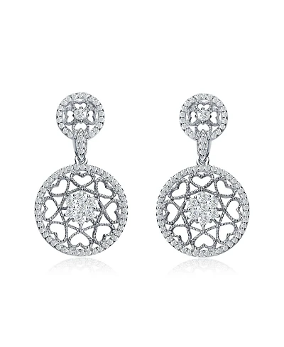 Sterling Silver White Gold Plating with Clear Cubic Zirconia Round Heart Design Earrings