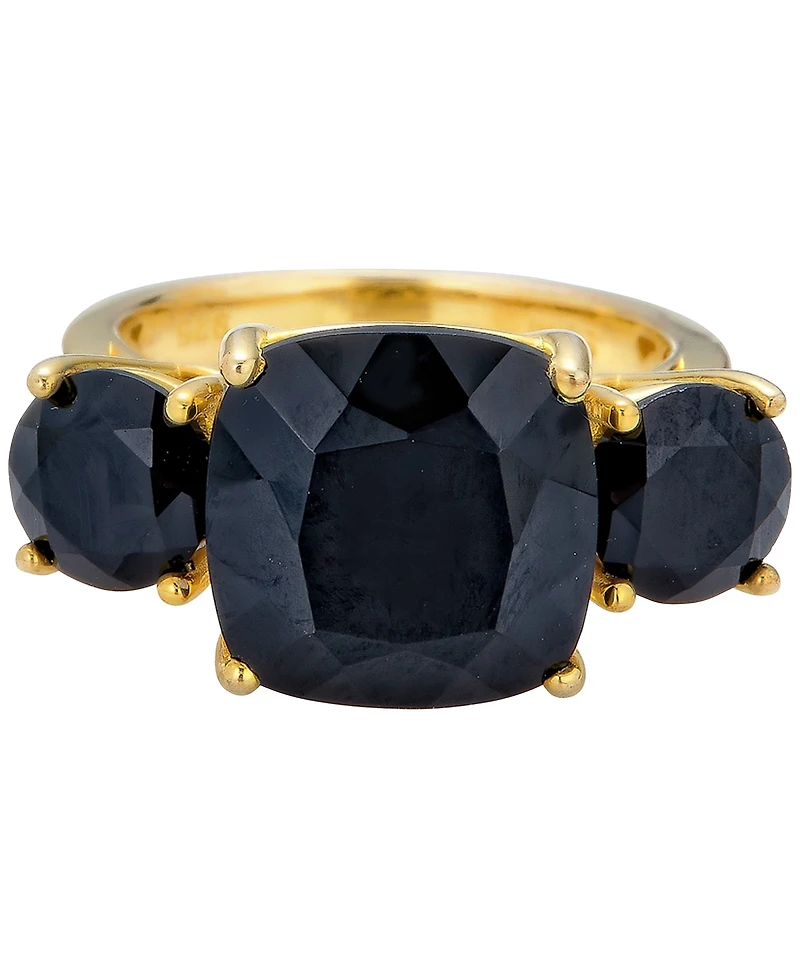 Black Onyx Cushion & Round Triple Stone Statement Ring in 14k Gold-Plated Sterling Silver