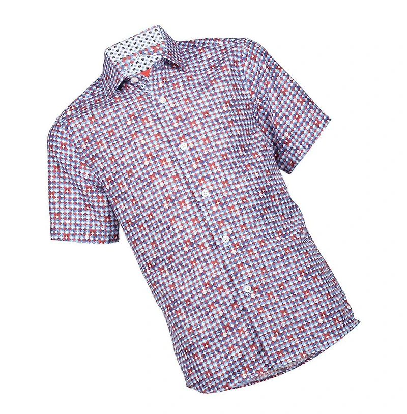 Elie Balleh Big Boys Blue Short Sleeve Circle Diamond Multicolor Slim Fit Shirt