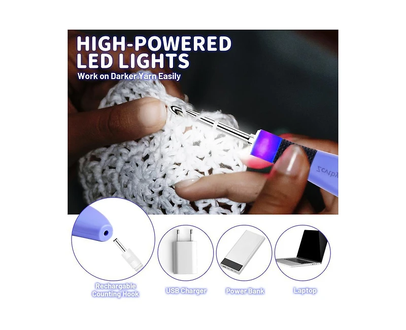 Zcvtbye Rechargeable Lighted Crochet Hook Set with Stitch Counter, Interchangeable Metal Heads