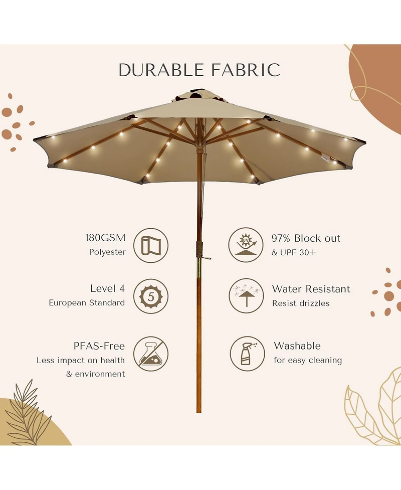 LAGarden Boho 32 Led 9Ft Wood Market Patio Umbrella with Solar Lights for Bar Hotel Resort Alfresco Dining Rooftop Restauran Mocha