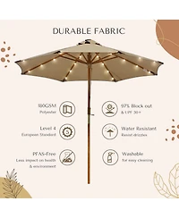 LAGarden Boho 32 Led 9Ft Wood Market Patio Umbrella with Solar Lights for Bar Hotel Resort Alfresco Dining Rooftop Restauran Mocha