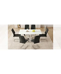 Modern Glass Dining Set: Marble Table & 6 Black Pu Chairs