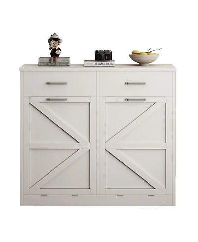 White Tilt Out Trash Cabinet with 2 drawer, Quick Installation and Deodorising Function, Wooden Freestanding Trash Can Cabinet Holds Up to 2x10 Gallon