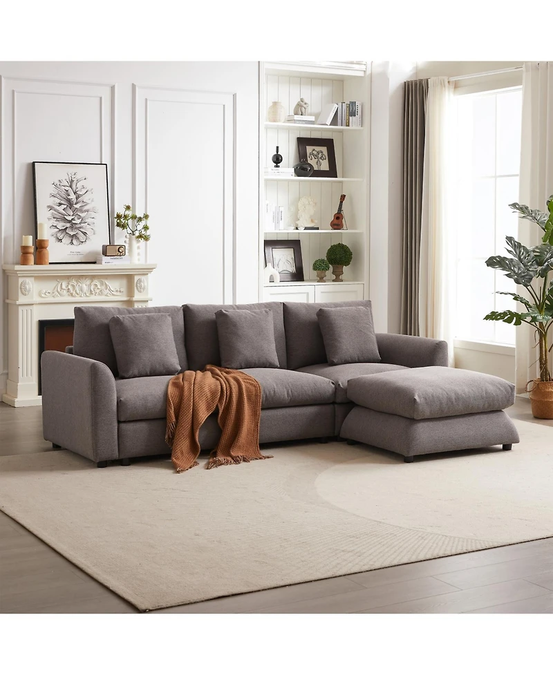 Streamdale 102" Modular Sofa with Ottoman, Pillows, and Cushions for Living Room (Grey Upholstery, Plastic Legs)