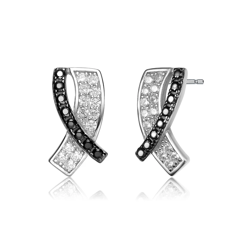 Sterling Silver Black Plating and White Gold Plating with Clear & Black Cubic Zirconia Accent Stud Earrings