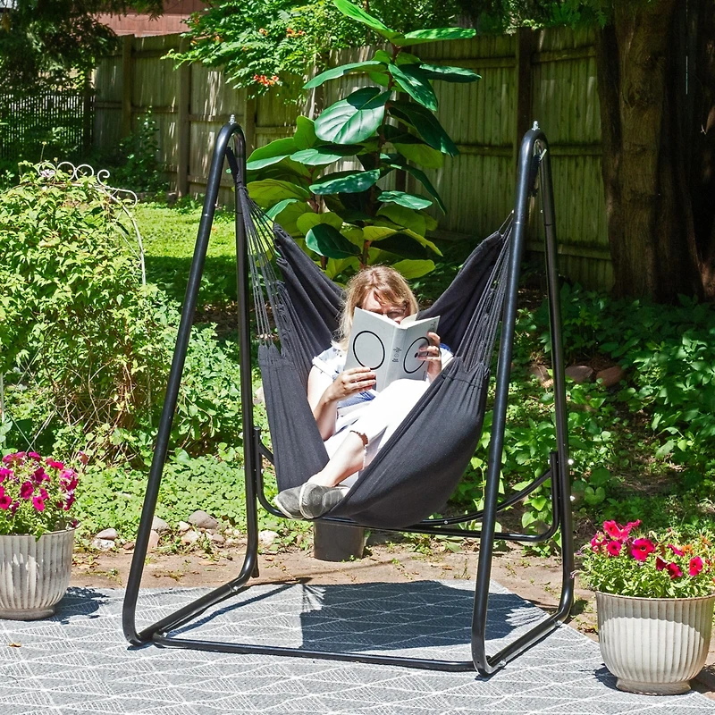 Indoor or Outdoor Hammock Chair with A-Frame Steel Stand - Anti-Tip Feet for Stability - Black