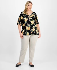 Jm Collection Plus Printed Flared-Sleeve V-Neck Top, Exclusively at Macy's