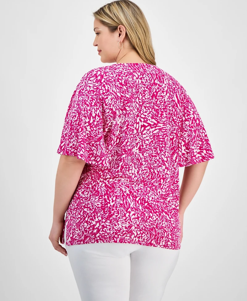 Jm Collection Plus Printed Flared-Sleeve V-Neck Top, Exclusively at Macy's