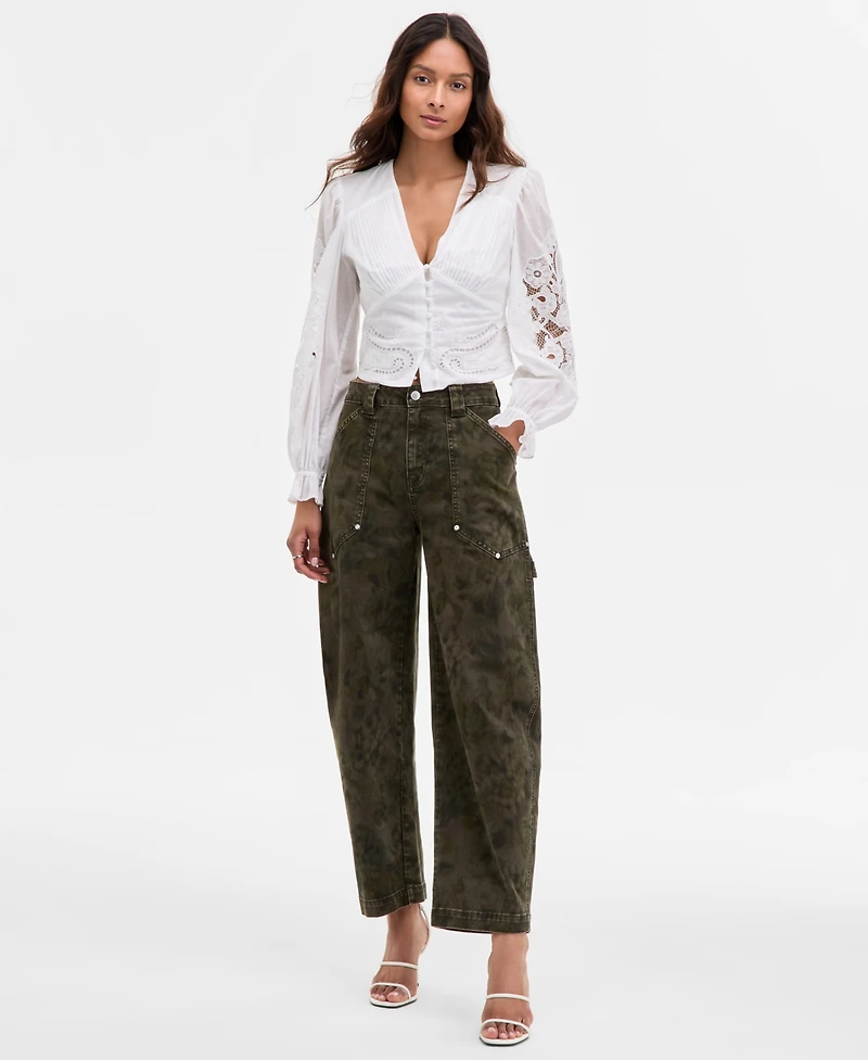 Avec Les Filles Women's Floral Print High Rise Barrel-Leg Pants