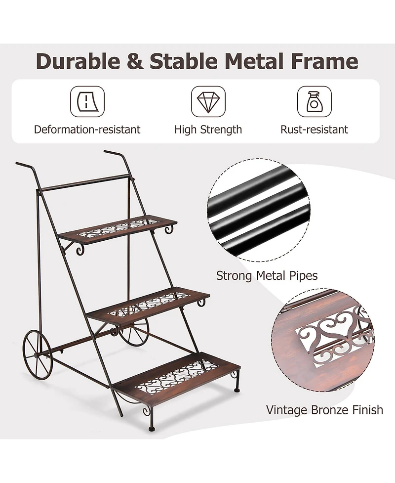 Gymax 3-Tier Metal Plant Stand Ladder Shaped Flower Pot Holder Storage Rack w/ Wheels