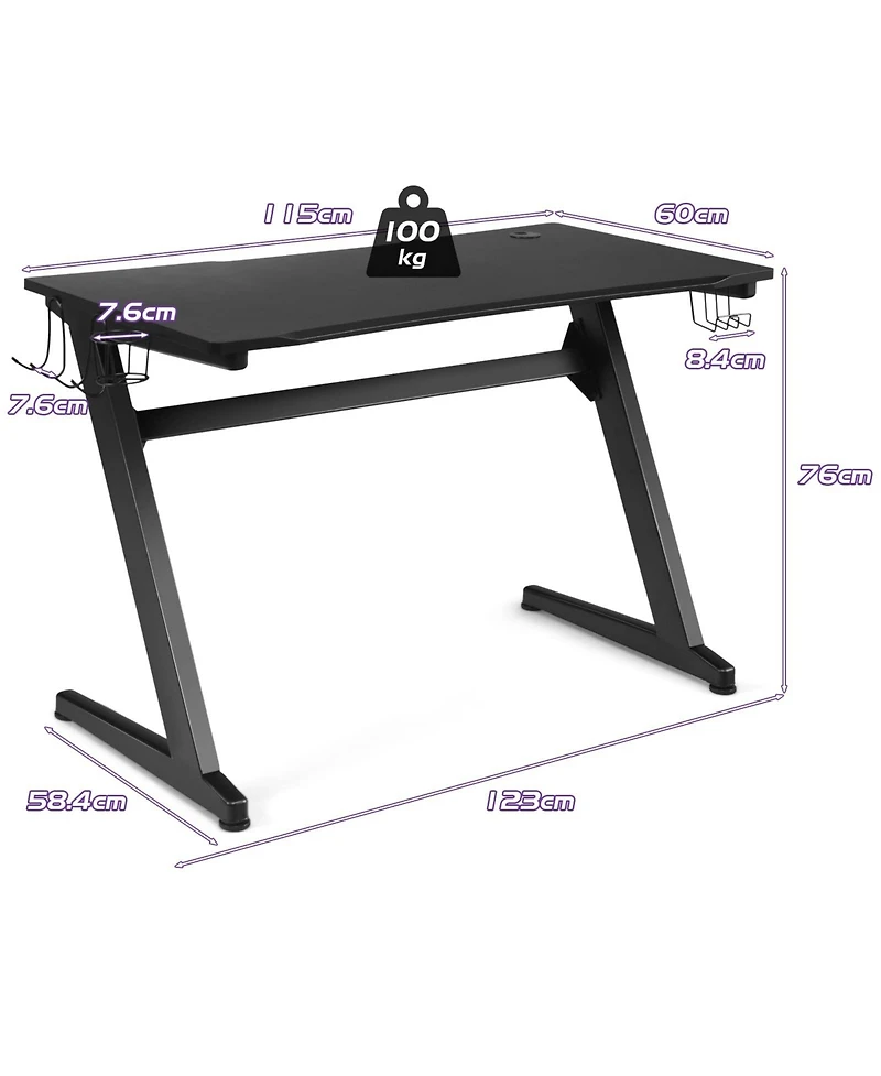 45.5 Gaming Desk, Z Shaped Racing Game Table with Carbon Fiber Surface, Mouse Mat, Headphone Hook, Cup Holder, Game Handle Rack, Ergonomic Home Office