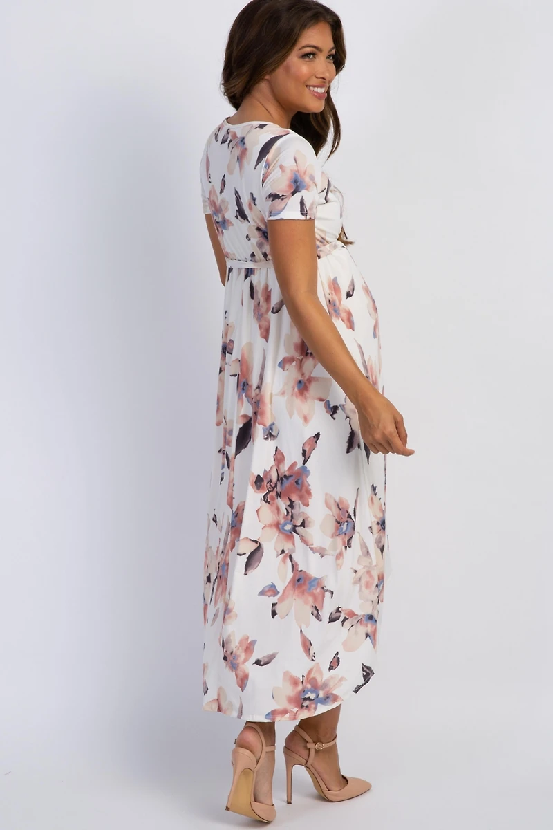 Pinkblush Maternity Ivory Watercolor Floral Hi-Low Wrap Dress