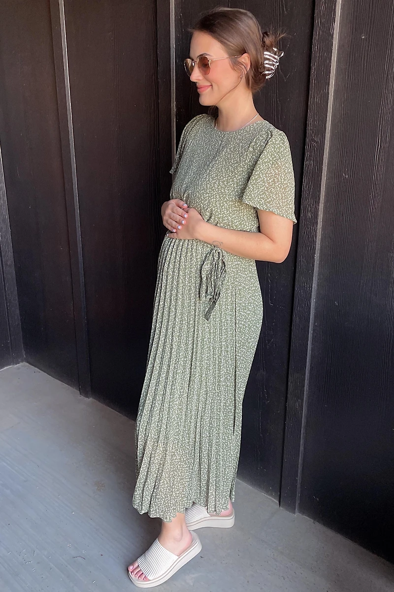 Pinkblush Maternity Light Olive Leaf Print Pleated Midi Dress