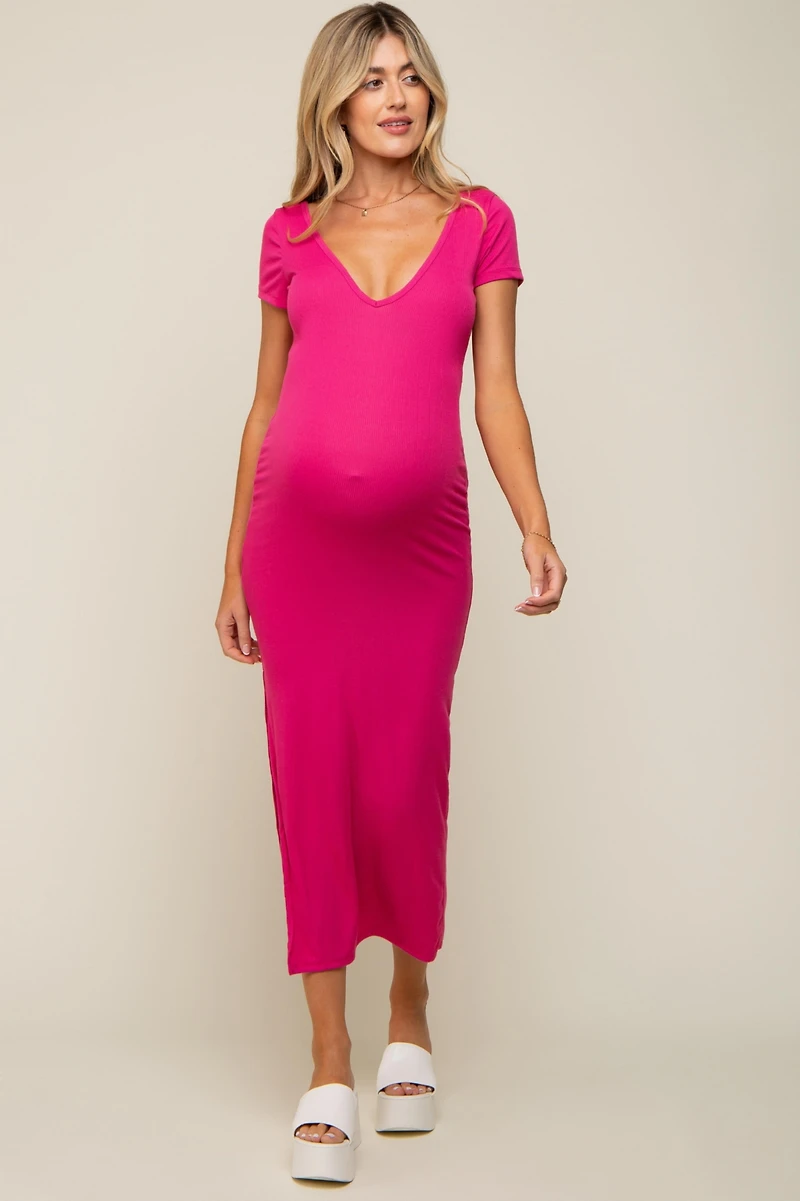 Pinkblush Maternity Black Basic Ribbed Side Slit Midi Dress