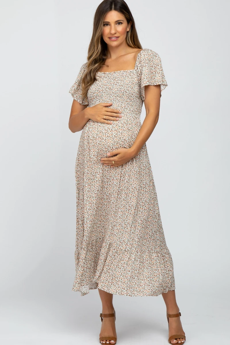 Pinkblush Maternity Ivory Floral Smocked Maxi Dress