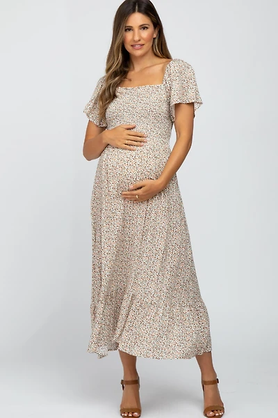 Pinkblush Maternity Ivory Floral Smocked Maxi Dress