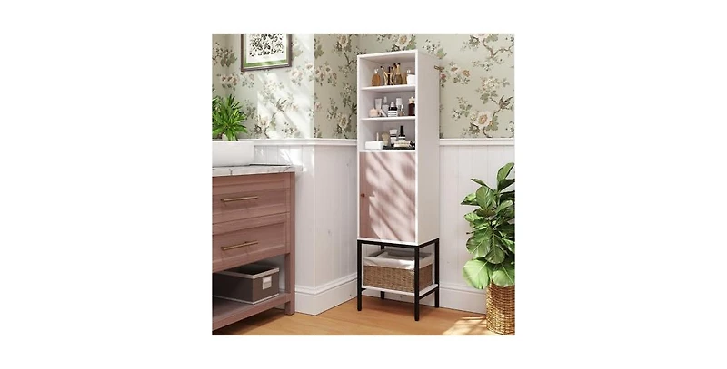 57 Inch Bathroom Tall Cabinet with 1 Door and 4 Shelves Narrow Storage Unit with Adjustable Shelves