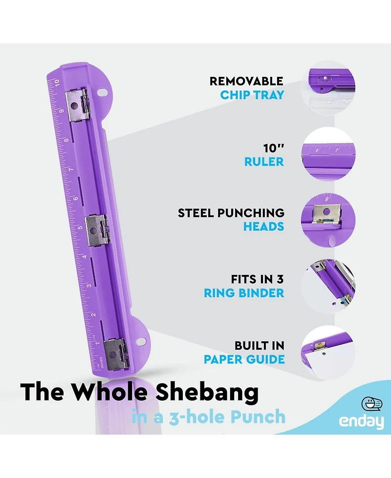 3 Hole Punch Pink, Portable Puncher for Ring Binder, Sheets Capacity, Removable Chip Tray, 10” Ruler School, Office, 1 Pc-by Enday