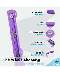 3 Hole Punch Pink, Portable Puncher for Ring Binder, Sheets Capacity, Removable Chip Tray, 10” Ruler School, Office, 1 Pc-by Enday