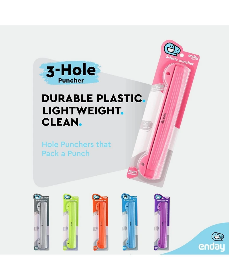 3 Hole Punch Pink, Portable Puncher for Ring Binder, Sheets Capacity, Removable Chip Tray, 10” Ruler School, Office, 1 Pc-by Enday