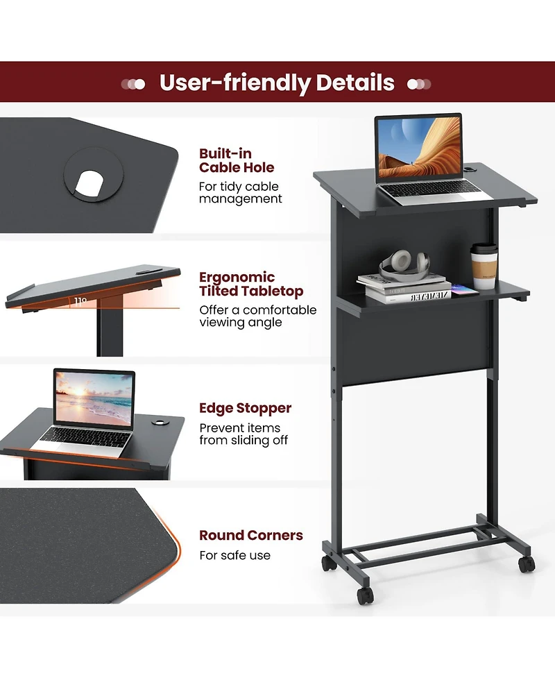 3-Position Height Adjustable Lectern Table with Tilted Tabletop